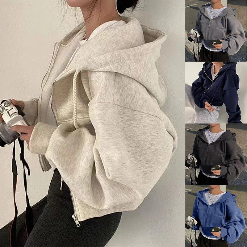 2025Frühling Herbst Neues, mit Fleece gefüttertes, vielseitiges, abgeschnittenes Slims glättet Silhouette mit Reißverschluss, warmes, marineblaues Kapuzen-Sweatshirt für Damen