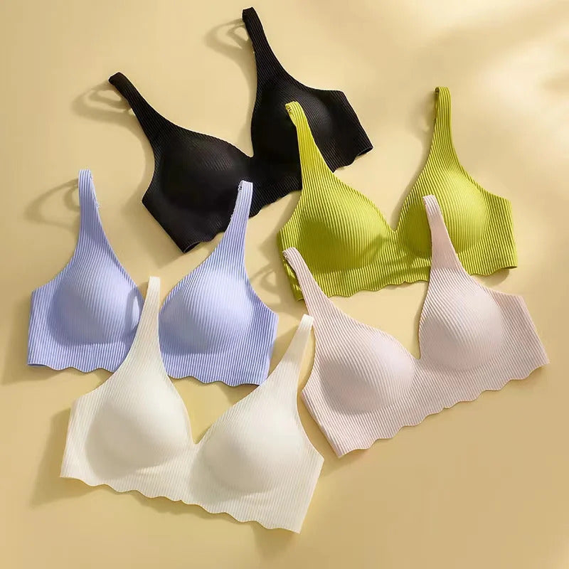 Nahtloser Damen-BH, kleine Brust, großes hohles Design, Unterwäsche-Unterstützung, nicht abnehmbare, halbfeste Körbchen, einteiliger, gestreifter, dünner BH