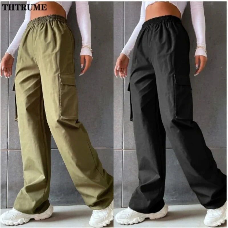 Vintage Streetwear Cargo Hosen Mode Frauen Solide Übergroßen Tasche Hohe Taille Baggy Hose Beiläufige Hip Hop Gerade Neue Hosen