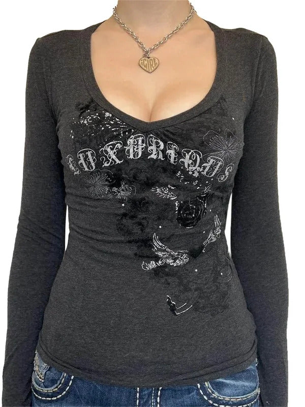 Frauen Langarm T-Shirt Grafik Gothic Print Punk Grunge Y2k ästhetische T-Shirts Frühling Herbst Shirts