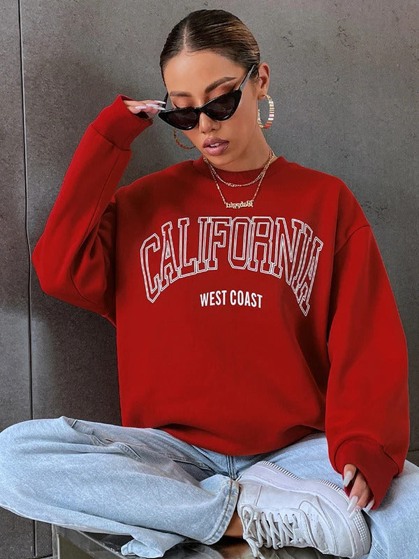 Koreanischer Trend-Sweatshirt für Damen, California West Coast Print, weiblicher Kapuzenpullover mit langen Ärmeln, O-Ausschnitt, sportliche und reichhaltige Kleidung