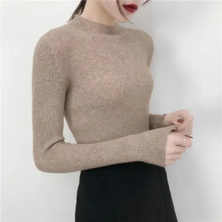 Rot Gestrickte Pullover Frauen Pullover Slim Fit Stehkragen Langarm Frühling Herbst Grundlegende Pullover Weibliche Casual Streifen Tops