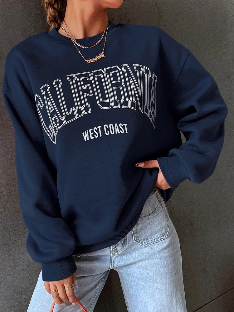 Koreanischer Trend-Sweatshirt für Damen, California West Coast Print, weiblicher Kapuzenpullover mit langen Ärmeln, O-Ausschnitt, sportliche und reichhaltige Kleidung