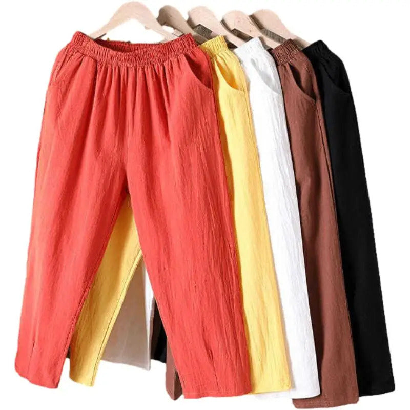 Frauen Sommer Casual Lose Harem Elastische Taille Baumwolle Leinen Hosen Neunte Hosen