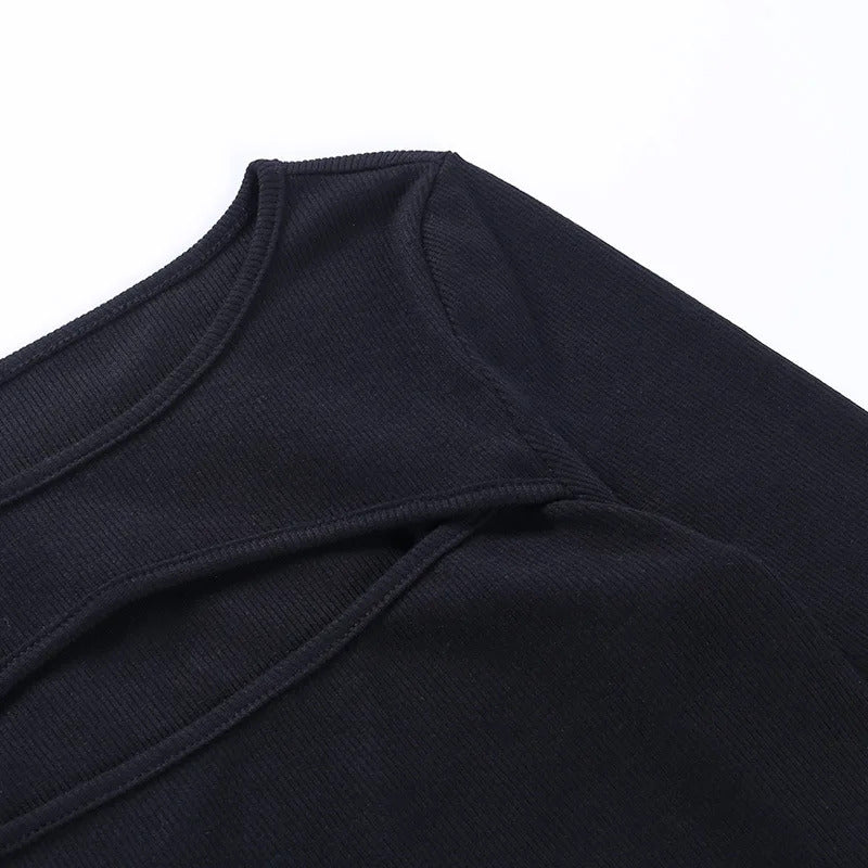 Herbst Frauen t-shirt Aushöhlen Solide Schwarz Weiß Langarm Gestrickte T Tops Beiläufige Dünne O Neck Mode t hemd