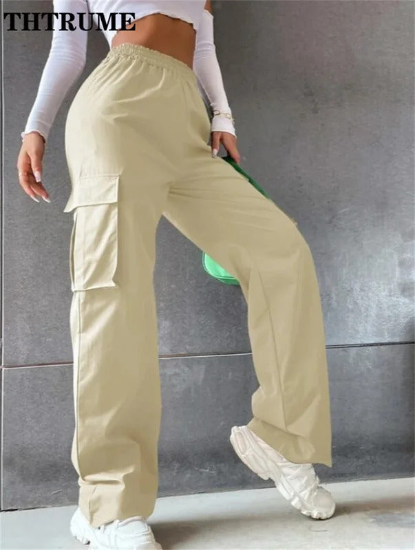 Vintage Streetwear Cargo Hosen Mode Frauen Solide Übergroßen Tasche Hohe Taille Baggy Hose Beiläufige Hip Hop Gerade Neue Hosen