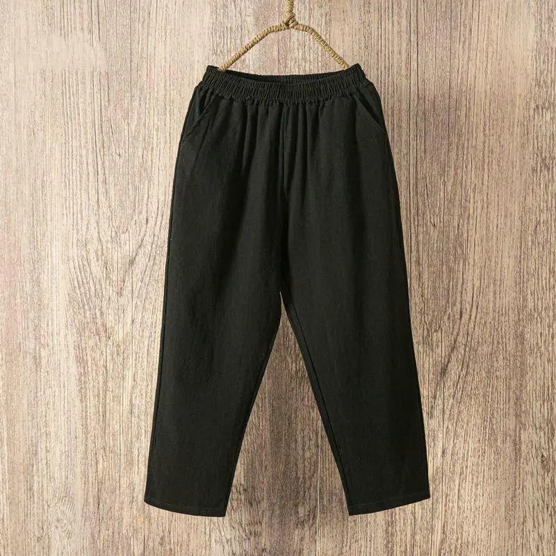 Frauen Sommer Casual Lose Harem Elastische Taille Baumwolle Leinen Hosen Neunte Hosen