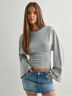 Damen Langarm O-Ausschnitt Skinny T-Shirt Monochromatisches Crop Top Casual Y2K Streetwear Fashion Pullover Sommer Outfit