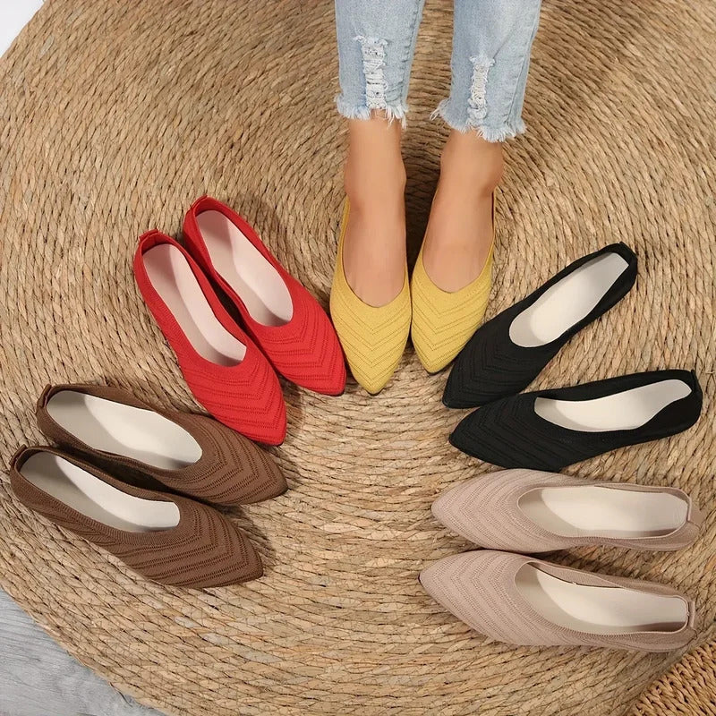 Damen Spitzschuh Flache Schuhe Einfarbig Gestrickte Slip-on-Schuhe Lässige Atmungsaktive Ballerinas Damen Flache Schuhe Müßiggänger Damen