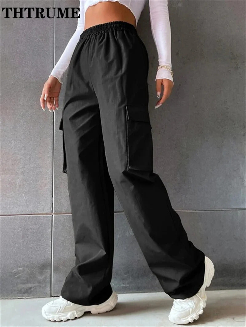 Vintage Streetwear Cargo Hosen Mode Frauen Solide Übergroßen Tasche Hohe Taille Baggy Hose Beiläufige Hip Hop Gerade Neue Hosen