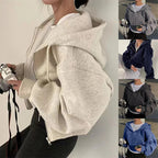 2025Frühling Herbst Neues, mit Fleece gefüttertes, vielseitiges, abgeschnittenes Slims glättet Silhouette mit Reißverschluss, warmes, marineblaues Kapuzen-Sweatshirt für Damen