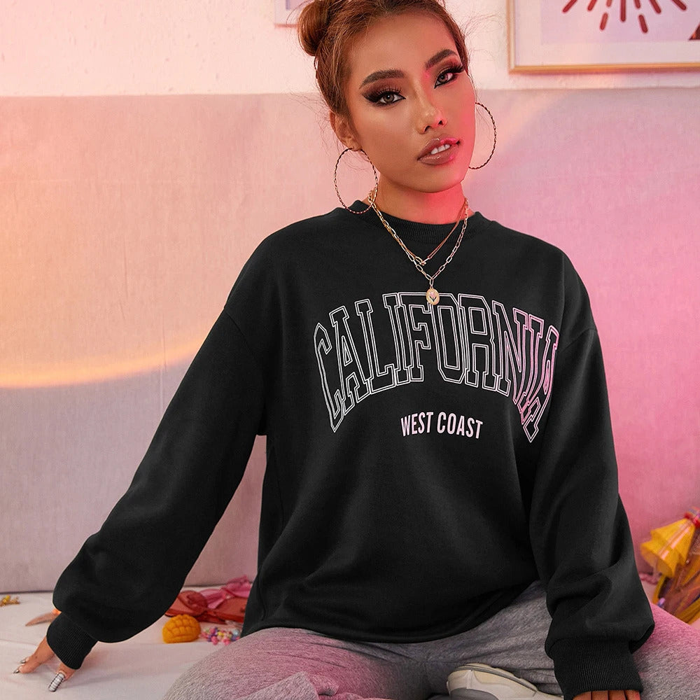 Koreanischer Trend-Sweatshirt für Damen, California West Coast Print, weiblicher Kapuzenpullover mit langen Ärmeln, O-Ausschnitt, sportliche und reichhaltige Kleidung