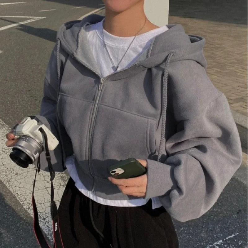 2025Frühling Herbst Neues, mit Fleece gefüttertes, vielseitiges, abgeschnittenes Slims glättet Silhouette mit Reißverschluss, warmes, marineblaues Kapuzen-Sweatshirt für Damen