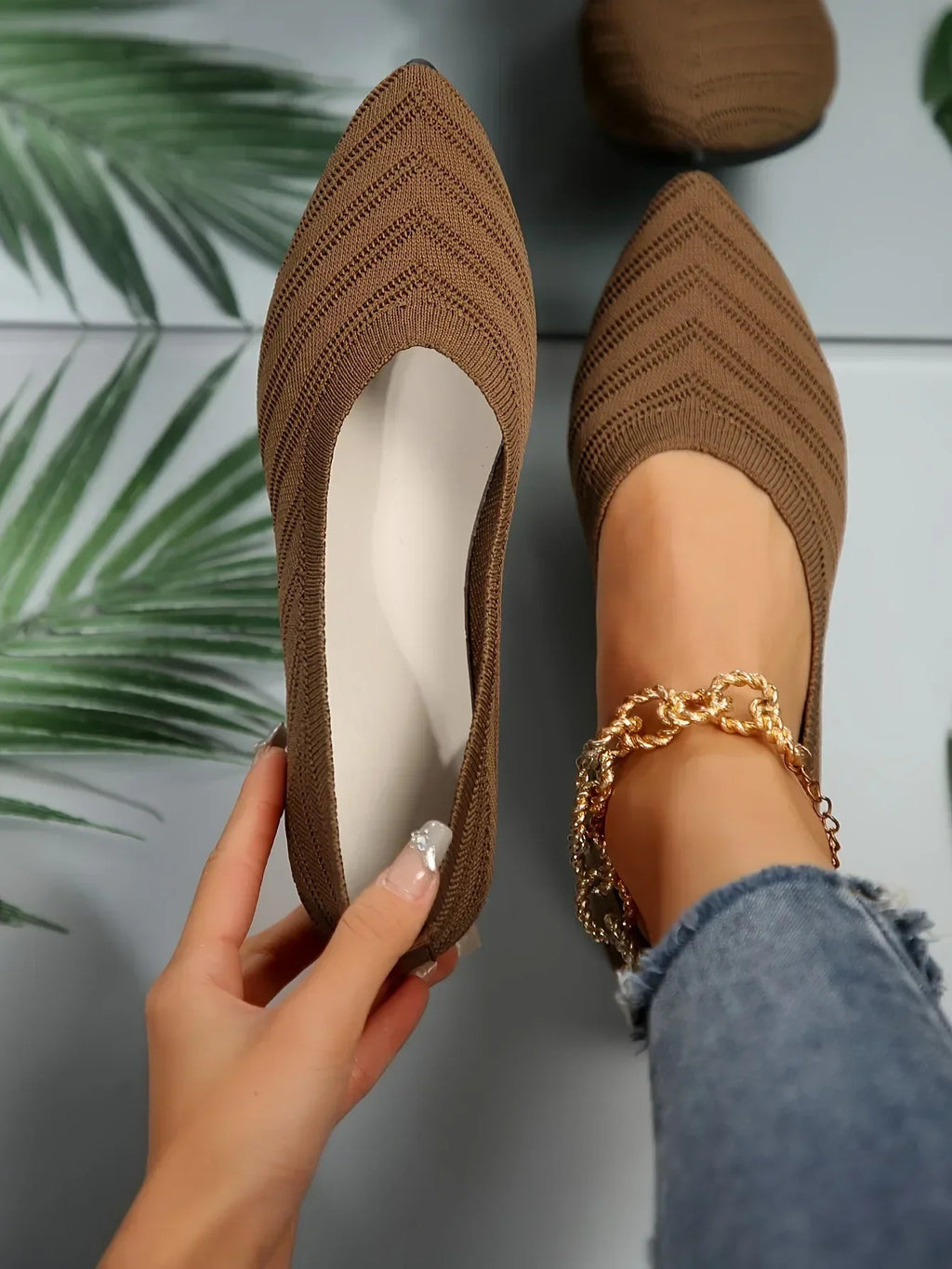 Damen Spitzschuh Flache Schuhe Einfarbig Gestrickte Slip-on-Schuhe Lässige Atmungsaktive Ballerinas Damen Flache Schuhe Müßiggänger Damen