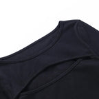 Herbst Frauen t-shirt Aushöhlen Solide Schwarz Weiß Langarm Gestrickte T Tops Beiläufige Dünne O Neck Mode t hemd