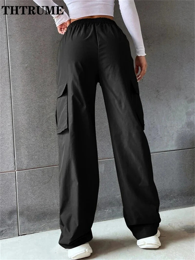 Vintage Streetwear Cargo Hosen Mode Frauen Solide Übergroßen Tasche Hohe Taille Baggy Hose Beiläufige Hip Hop Gerade Neue Hosen