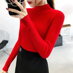 Rot Gestrickte Pullover Frauen Pullover Slim Fit Stehkragen Langarm Frühling Herbst Grundlegende Pullover Weibliche Casual Streifen Tops