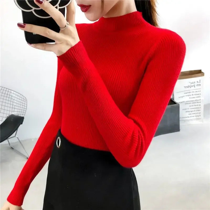 Rot Gestrickte Pullover Frauen Pullover Slim Fit Stehkragen Langarm Frühling Herbst Grundlegende Pullover Weibliche Casual Streifen Tops