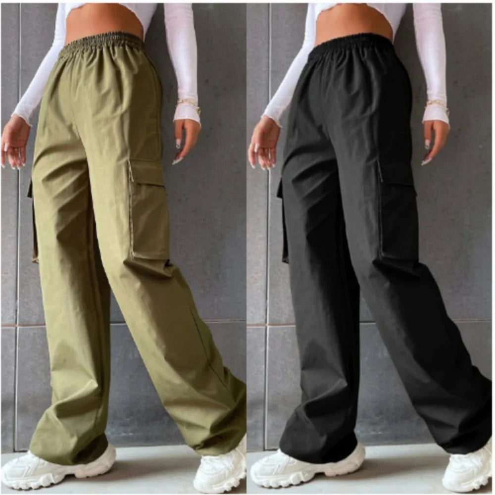 Vintage Streetwear Cargo Hosen Mode Frauen Solide Übergroßen Tasche Hohe Taille Baggy Hose Beiläufige Hip Hop Gerade Neue Hosen