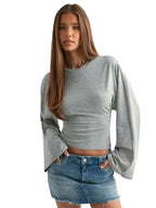 Damen Langarm O-Ausschnitt Skinny T-Shirt Monochromatisches Crop Top Casual Y2K Streetwear Fashion Pullover Sommer Outfit