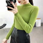 Rot Gestrickte Pullover Frauen Pullover Slim Fit Stehkragen Langarm Frühling Herbst Grundlegende Pullover Weibliche Casual Streifen Tops