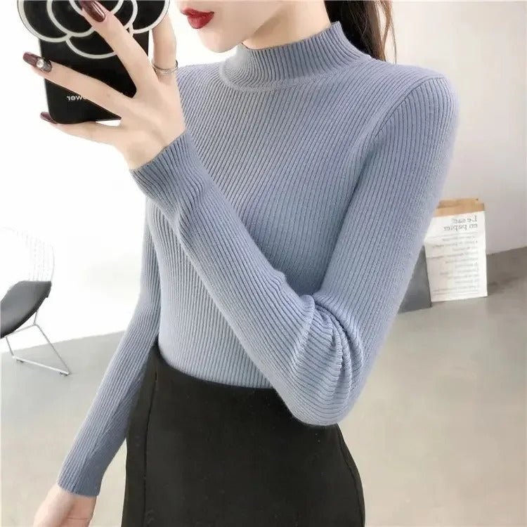 Rot Gestrickte Pullover Frauen Pullover Slim Fit Stehkragen Langarm Frühling Herbst Grundlegende Pullover Weibliche Casual Streifen Tops