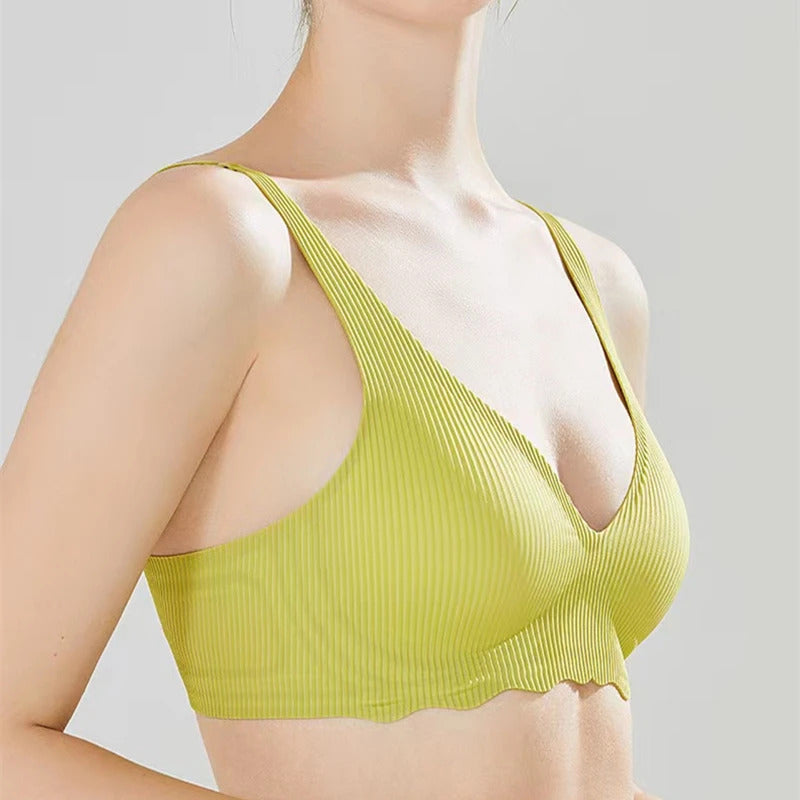 Nahtloser Damen-BH, kleine Brust, großes hohles Design, Unterwäsche-Unterstützung, nicht abnehmbare, halbfeste Körbchen, einteiliger, gestreifter, dünner BH