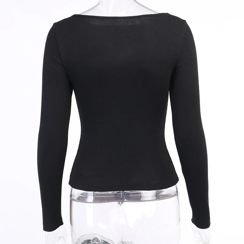 Herbst Frauen t-shirt Aushöhlen Solide Schwarz Weiß Langarm Gestrickte T Tops Beiläufige Dünne O Neck Mode t hemd