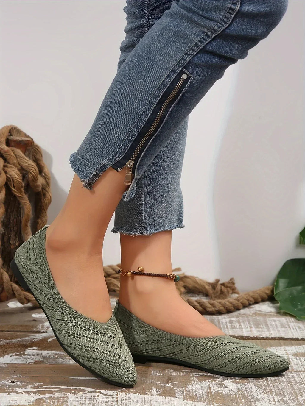 Damen Spitzschuh Flache Schuhe Einfarbig Gestrickte Slip-on-Schuhe Lässige Atmungsaktive Ballerinas Damen Flache Schuhe Müßiggänger Damen