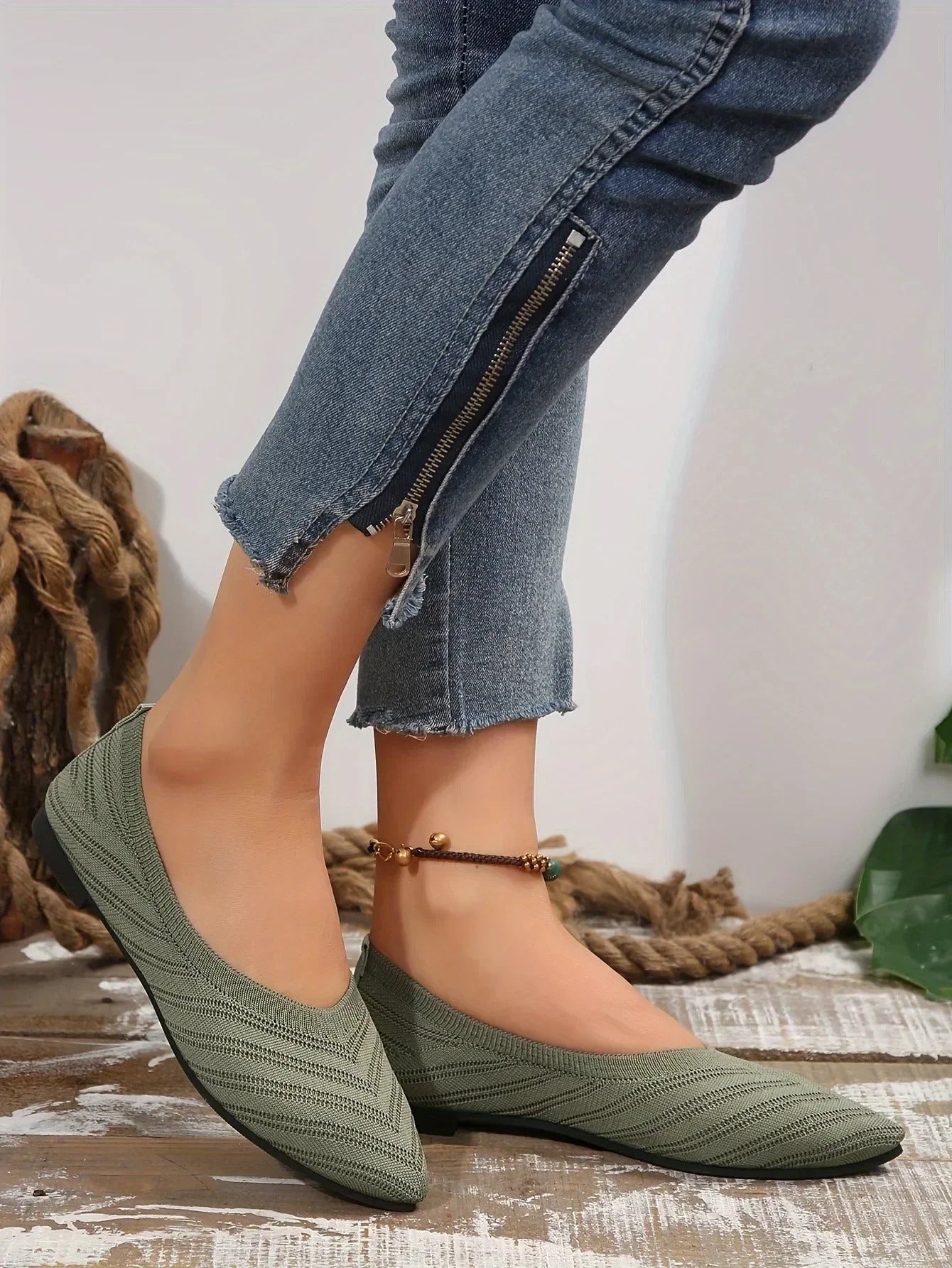 Damen Spitzschuh Flache Schuhe Einfarbig Gestrickte Slip-on-Schuhe Lässige Atmungsaktive Ballerinas Damen Flache Schuhe Müßiggänger Damen