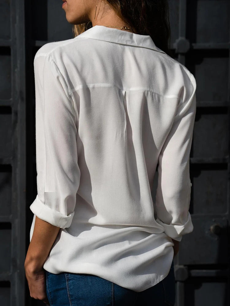 Frauen Casual Langarm Chiffon Bluse Elegante Revers Lose Hemd Frühling Sommer Solide Büro Dame Tuniken Streetwear Oversize Top