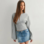 Damen Langarm O-Ausschnitt Skinny T-Shirt Monochromatisches Crop Top Casual Y2K Streetwear Fashion Pullover Sommer Outfit