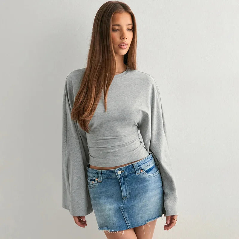 Damen Langarm O-Ausschnitt Skinny T-Shirt Monochromatisches Crop Top Casual Y2K Streetwear Fashion Pullover Sommer Outfit