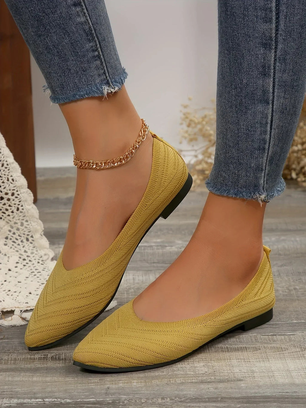 Damen Spitzschuh Flache Schuhe Einfarbig Gestrickte Slip-on-Schuhe Lässige Atmungsaktive Ballerinas Damen Flache Schuhe Müßiggänger Damen