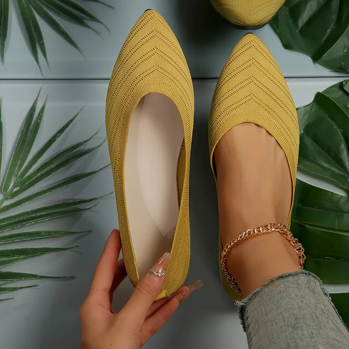 Damen Spitzschuh Flache Schuhe Einfarbig Gestrickte Slip-on-Schuhe Lässige Atmungsaktive Ballerinas Damen Flache Schuhe Müßiggänger Damen