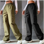 Vintage Streetwear Cargo Hosen Mode Frauen Solide Übergroßen Tasche Hohe Taille Baggy Hose Beiläufige Hip Hop Gerade Neue Hosen