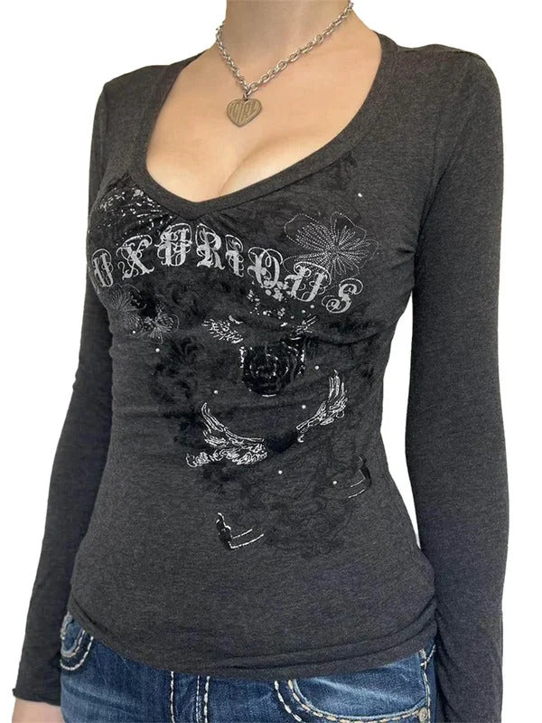 Frauen Langarm T-Shirt Grafik Gothic Print Punk Grunge Y2k ästhetische T-Shirts Frühling Herbst Shirts