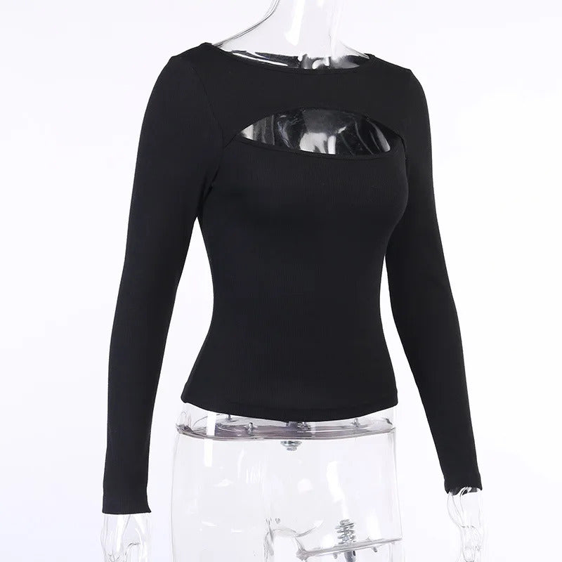 Herbst Frauen t-shirt Aushöhlen Solide Schwarz Weiß Langarm Gestrickte T Tops Beiläufige Dünne O Neck Mode t hemd