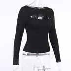 Herbst Frauen t-shirt Aushöhlen Solide Schwarz Weiß Langarm Gestrickte T Tops Beiläufige Dünne O Neck Mode t hemd
