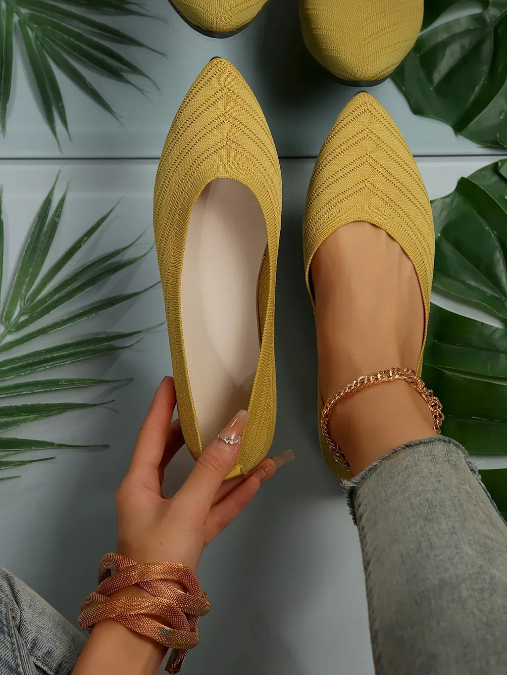 Damen Spitzschuh Flache Schuhe Einfarbig Gestrickte Slip-on-Schuhe Lässige Atmungsaktive Ballerinas Damen Flache Schuhe Müßiggänger Damen