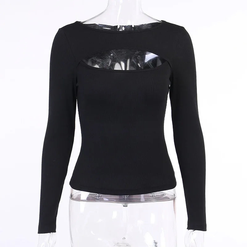 Herbst Frauen t-shirt Aushöhlen Solide Schwarz Weiß Langarm Gestrickte T Tops Beiläufige Dünne O Neck Mode t hemd