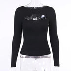 Herbst Frauen t-shirt Aushöhlen Solide Schwarz Weiß Langarm Gestrickte T Tops Beiläufige Dünne O Neck Mode t hemd