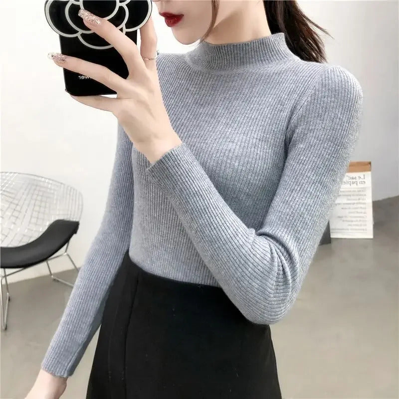 Rot Gestrickte Pullover Frauen Pullover Slim Fit Stehkragen Langarm Frühling Herbst Grundlegende Pullover Weibliche Casual Streifen Tops