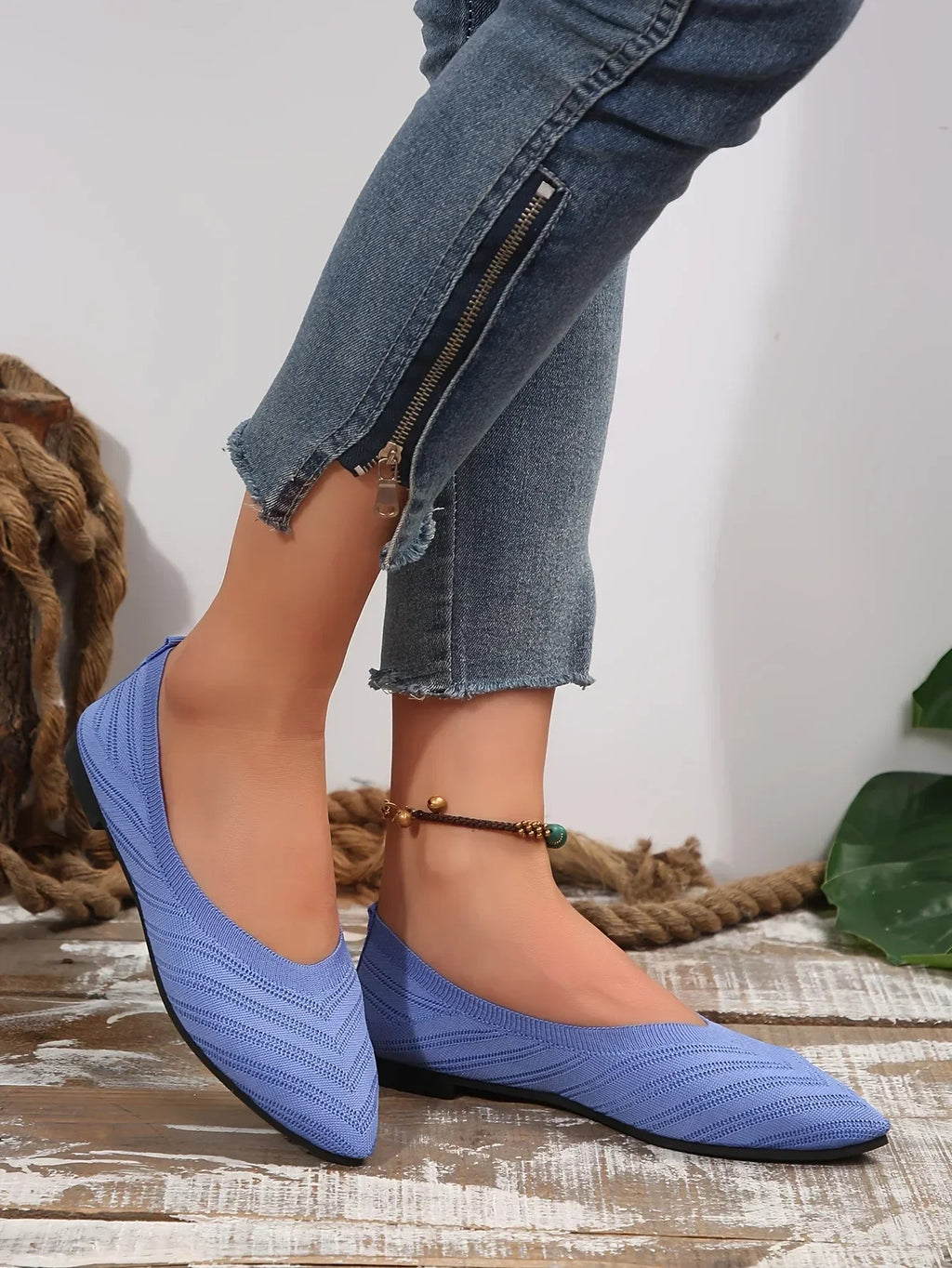 Damen Spitzschuh Flache Schuhe Einfarbig Gestrickte Slip-on-Schuhe Lässige Atmungsaktive Ballerinas Damen Flache Schuhe Müßiggänger Damen