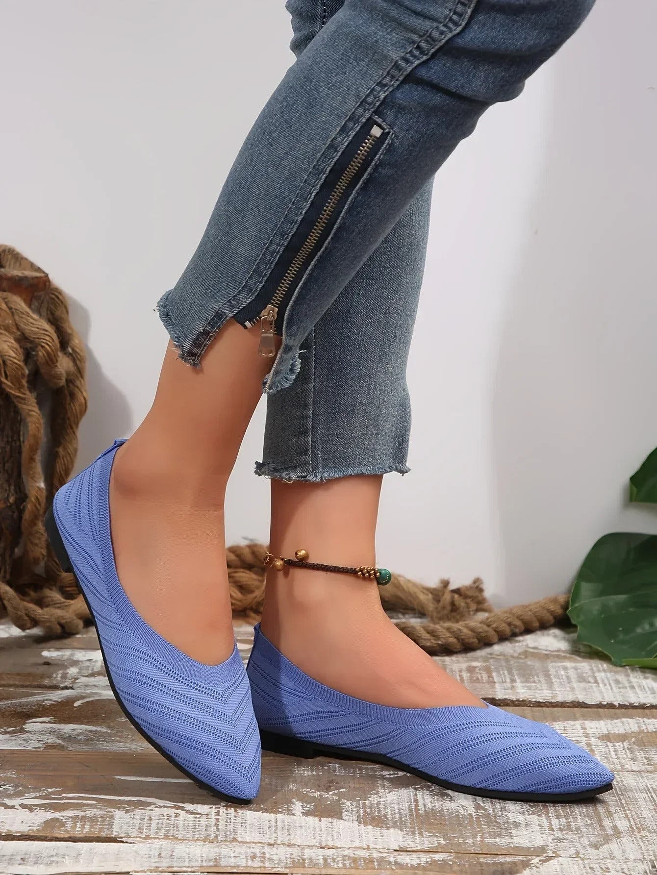 Damen Spitzschuh Flache Schuhe Einfarbig Gestrickte Slip-on-Schuhe Lässige Atmungsaktive Ballerinas Damen Flache Schuhe Müßiggänger Damen