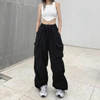 2025frauen Casual Jogger Tech Hosen Feste Niedrige Taille Hosen Kordelzug Breite Bein Baggy Hosen Y2k Streetwear Oversize Jogginghose
