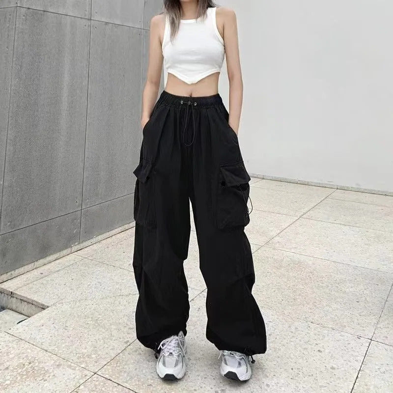 2025frauen Casual Jogger Tech Hosen Feste Niedrige Taille Hosen Kordelzug Breite Bein Baggy Hosen Y2k Streetwear Oversize Jogginghose