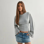 Damen Langarm O-Ausschnitt Skinny T-Shirt Monochromatisches Crop Top Casual Y2K Streetwear Fashion Pullover Sommer Outfit