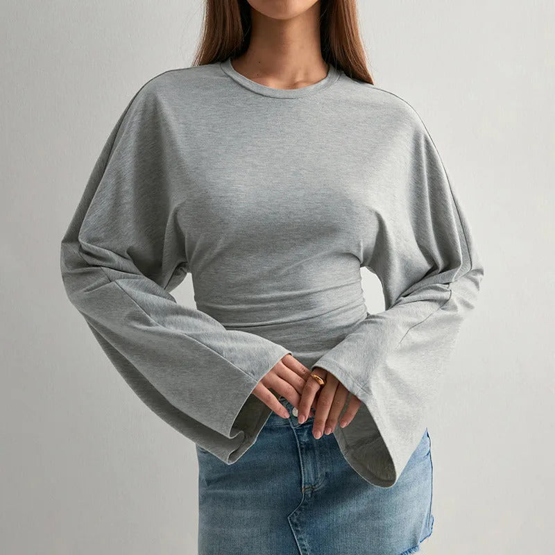 Damen Langarm O-Ausschnitt Skinny T-Shirt Monochromatisches Crop Top Casual Y2K Streetwear Fashion Pullover Sommer Outfit