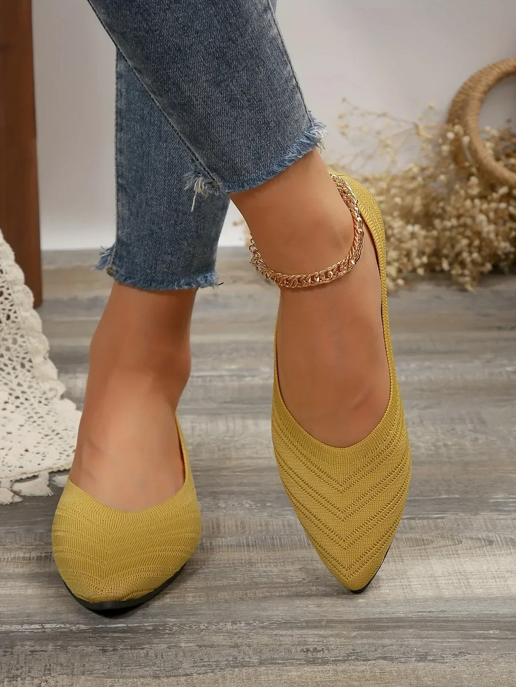 Damen Spitzschuh Flache Schuhe Einfarbig Gestrickte Slip-on-Schuhe Lässige Atmungsaktive Ballerinas Damen Flache Schuhe Müßiggänger Damen